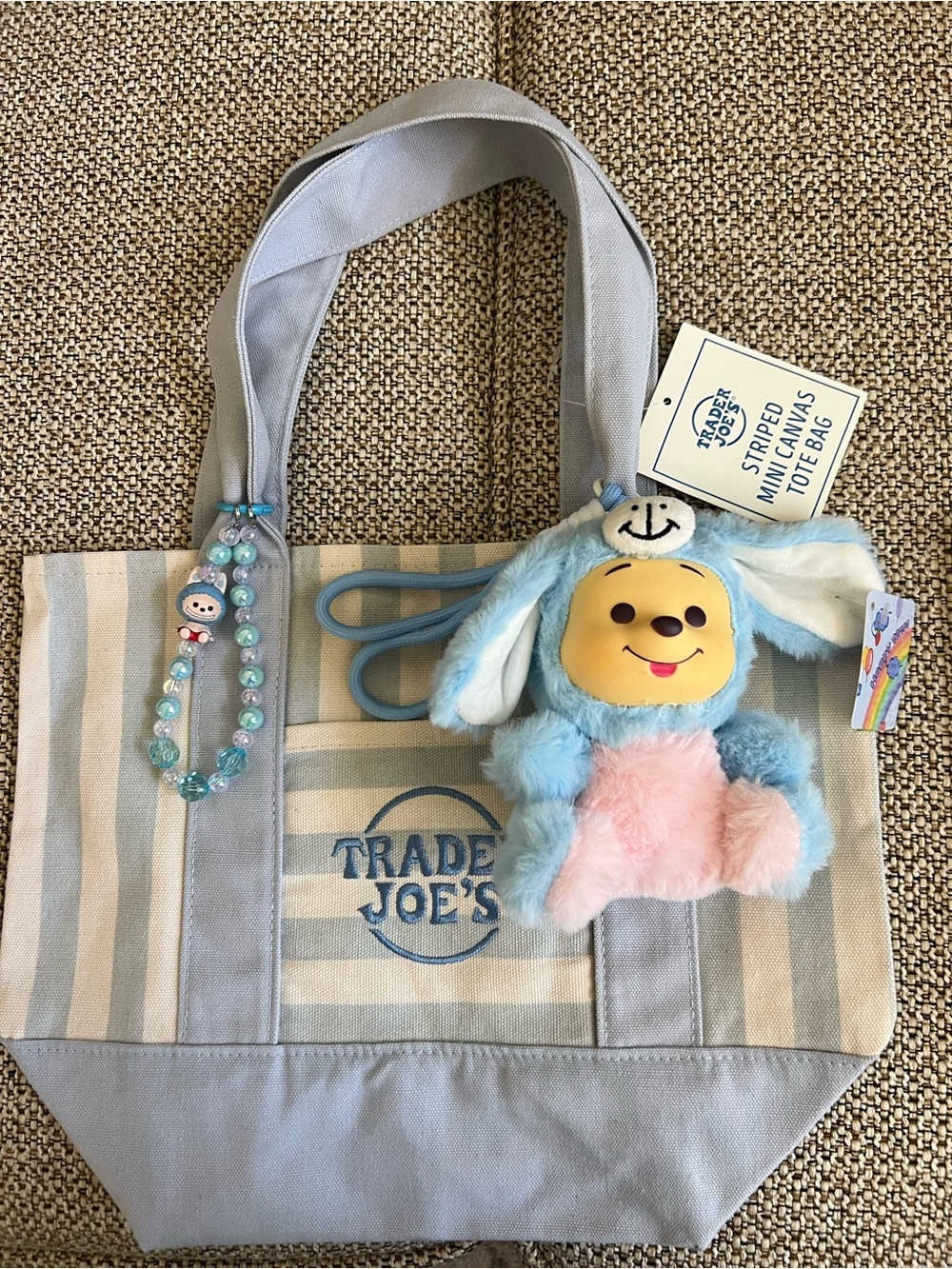 Trader Joe’s striped mini tote / with Pooh and labubu charms🩵🩵🩵